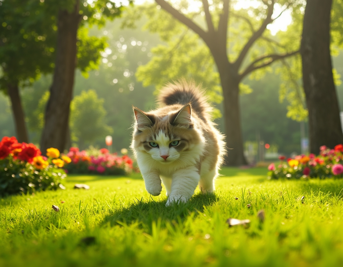 Cat enjoys a lively city park, playing and exploring the greenery amidst the urban backdrop.